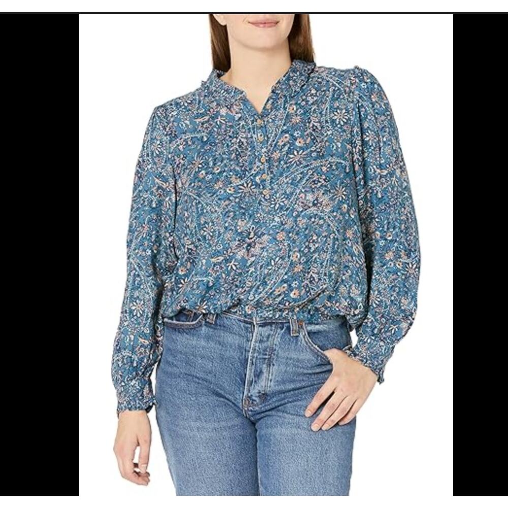 Lucky Brand Women's Long Sleeve Printed Ruffle Collar Top Lg